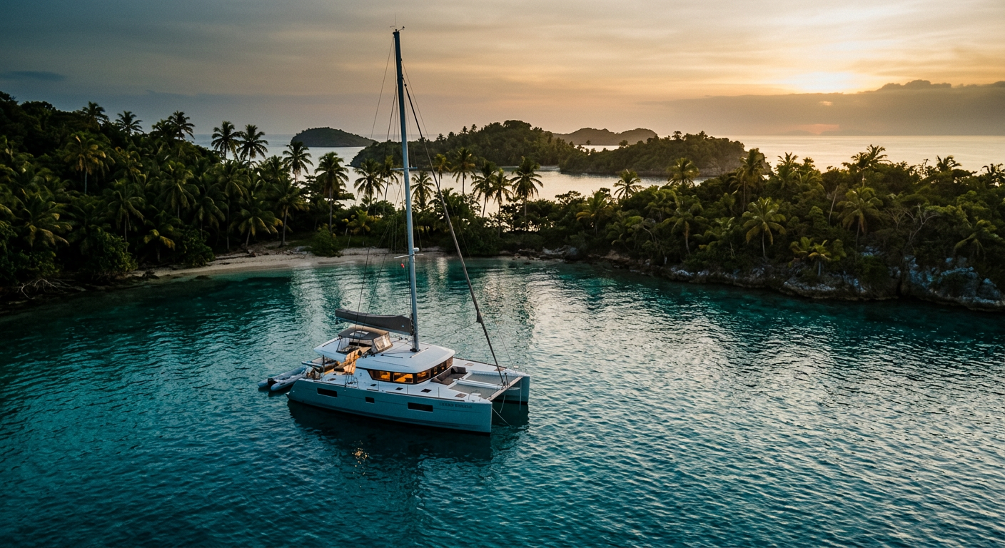 Catamaran anchored in a turquoise Caribbean lagoon at golden hour