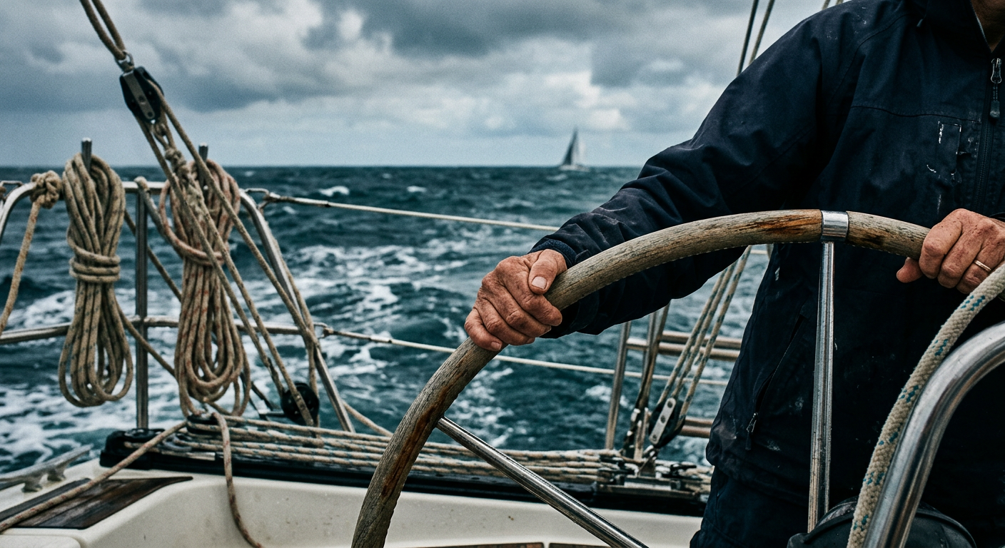 Hands on a yacht wheel with the ocean horizon beyond