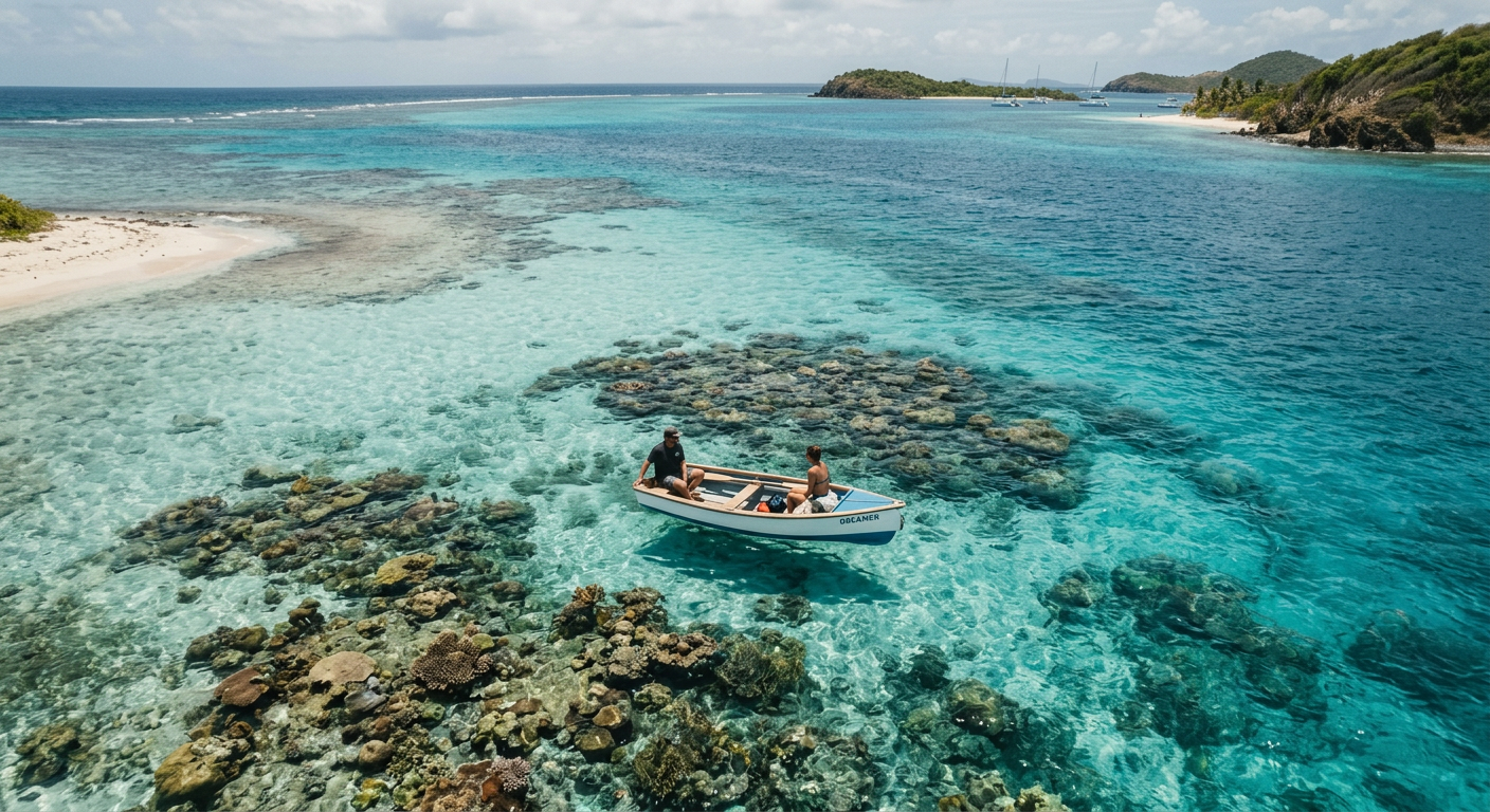 A dinghy floating over a turquoise coral reef