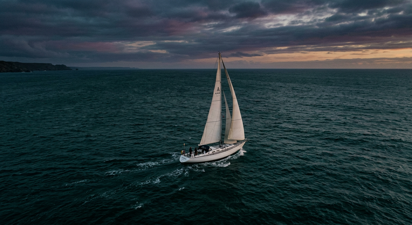 A sailing yacht crossing deep open ocean at dusk