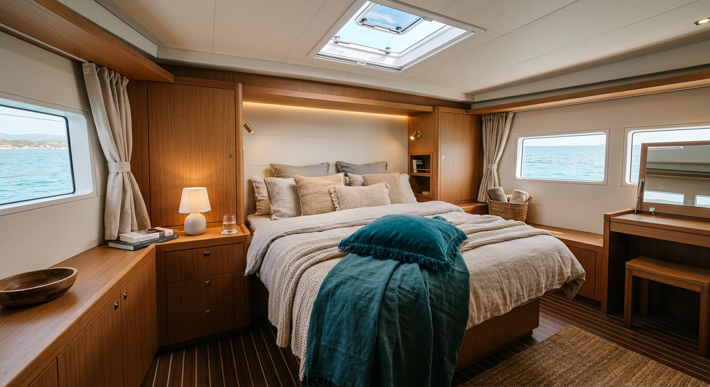 Teak-lined yacht cabin with linen bedding and soft daylight